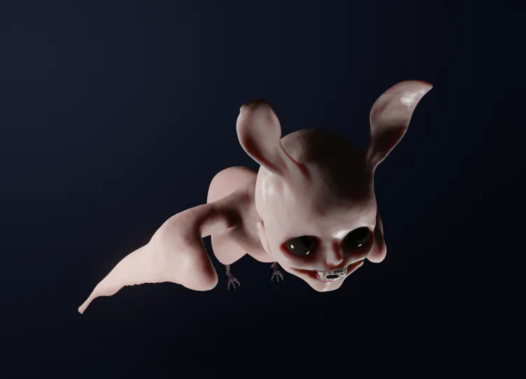 3d sculpture of creepy cartoon, featherless chicken kind of body, big ears and visible teeth, giant black eyes